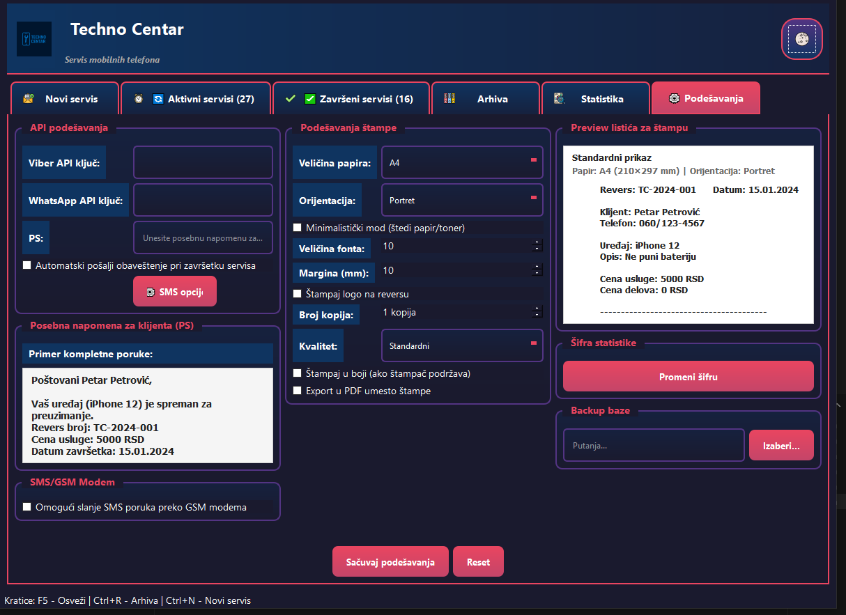 Fluxservis — Podešavanja štampe i SMS opcija sa preview-om reversa