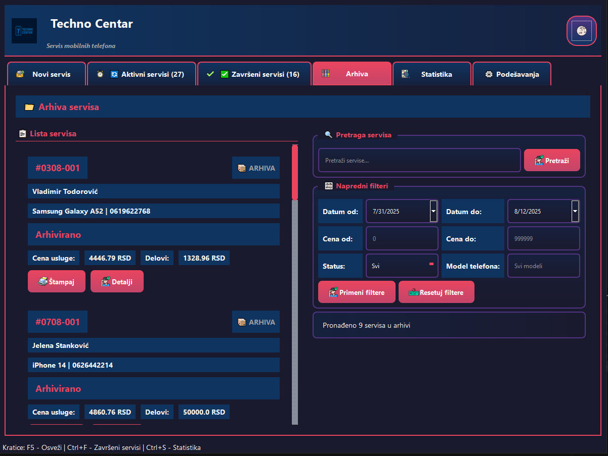 Fluxservis — arhiva servisa sa filterima i listom naloga